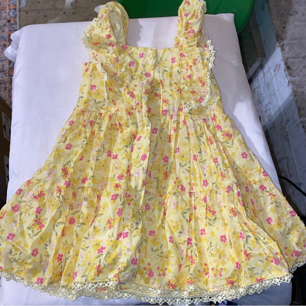 Yellow Sundress pink flowers